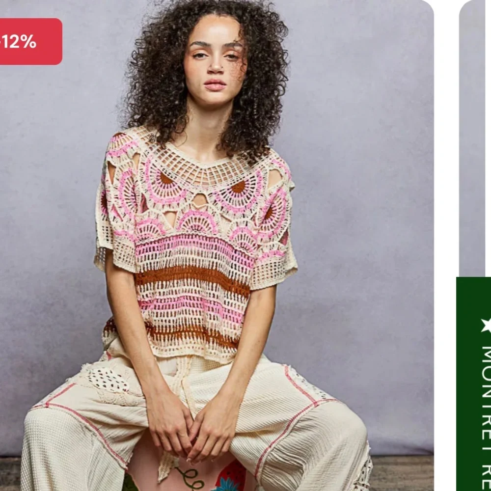 POL boho weave pattern Crochet knit Pink and Brown Top one size - Picture 2 of 10